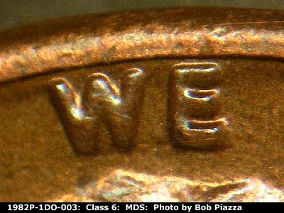 Die-stage B marker on 1982P•1DO•003 (1982 Doubled Die Obverse).