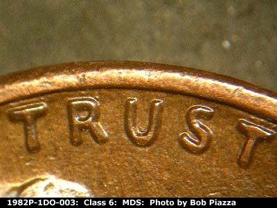 Die-stage B marker on 1982P•1DO•003 (1982 Doubled Die Obverse).