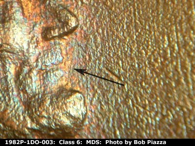Die-stage B marker on 1982P•1DO•003 (1982 Doubled Die Obverse).