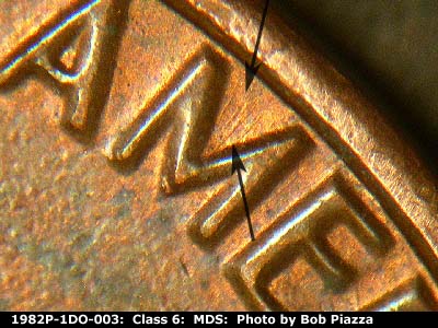 Die-stage B marker on 1982P•1DO•003 (1982 Doubled Die Obverse).