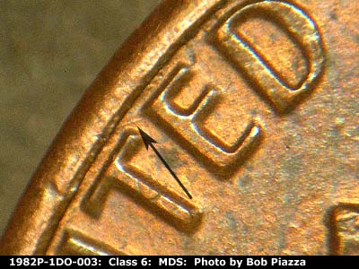 Die-stage B marker on 1982P•1DO•003 (1982 Doubled Die Obverse).