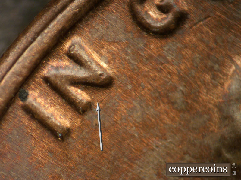 Die-stage B marker on 1982P•1DO•004 (1982 Doubled Die Obverse).