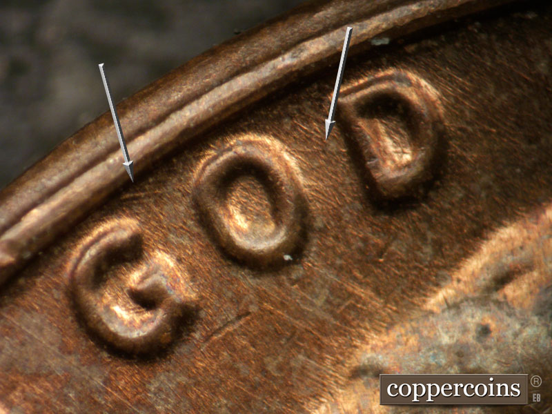 Die-stage B marker on 1982P•1DO•004 (1982 Doubled Die Obverse).