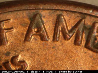 Die-stage B marker on 1982P•1DR•001 (1982 Doubled Die Reverse).