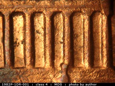 Die-stage B marker on 1982P•1DR•001 (1982 Doubled Die Reverse).