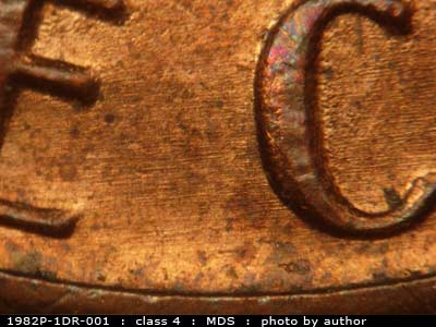 Die-stage B marker on 1982P•1DR•001 (1982 Doubled Die Reverse).