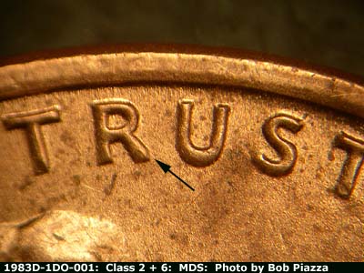Die-stage B marker on 1983D•1DO•001 (1983 Doubled Die Obverse).