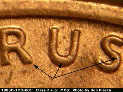 Die-stage B marker on 1983D•1DO•001 (1983 Doubled Die Obverse).