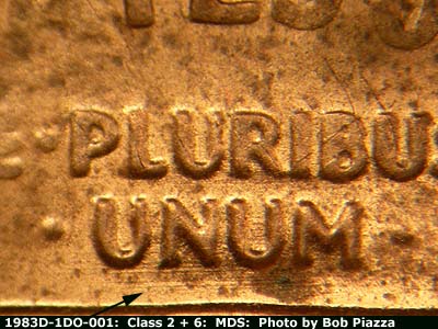 Die-stage B marker on 1983D•1DO•001 (1983 Doubled Die Obverse).