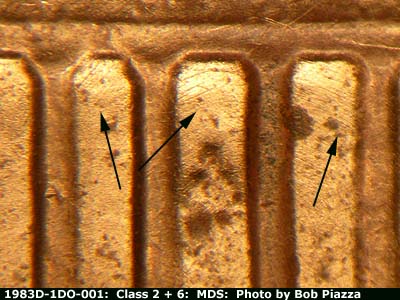 Die-stage B marker on 1983D•1DO•001 (1983 Doubled Die Obverse).