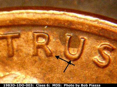 Die-stage B marker on 1983D•1DO•003 (1983 Doubled Die Obverse).