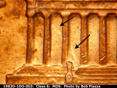 Die-stage B marker on 1983D•1DO•003 (1983 Doubled Die Obverse).
