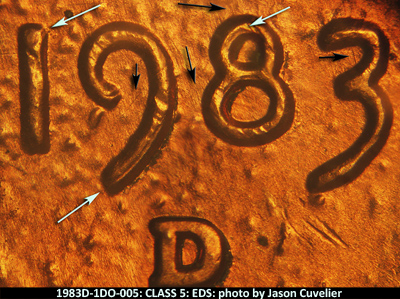 Die-stage A marker on 1983D•1DO•005 (1983 Doubled Die Obverse).
