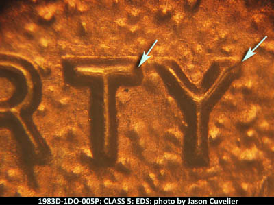 Die-stage A marker on 1983D•1DO•005 (1983 Doubled Die Obverse).