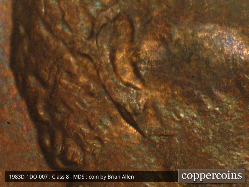 1983 Lincoln cent obverse, CopperCoins die 1983D•1DO•007.