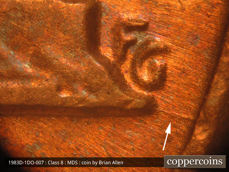 Die-stage B marker on 1983D•1DO•007 (1983 Doubled Die Obverse).