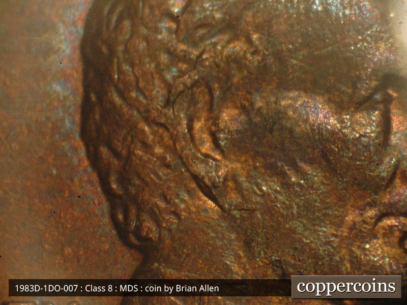 Die-stage B marker on 1983D•1DO•007 (1983 Doubled Die Obverse).