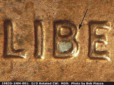 Die-stage B marker on 1983D•1MM•001 (1983 Repunched Mint Mark).