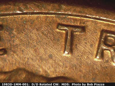 Die-stage B marker on 1983D•1MM•001 (1983 Repunched Mint Mark).
