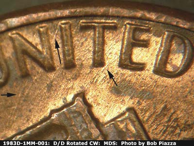 Die-stage B marker on 1983D•1MM•001 (1983 Repunched Mint Mark).