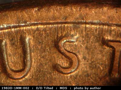 Die-stage B marker on 1983D•1MM•002 (1983 Repunched Mint Mark).