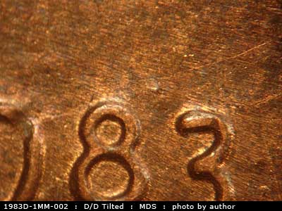 Die-stage B marker on 1983D•1MM•002 (1983 Repunched Mint Mark).