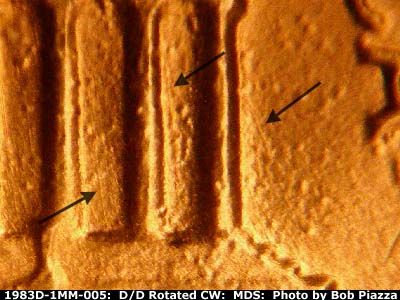 Die-stage B marker on 1983D•1MM•005 (1983 Repunched Mint Mark).