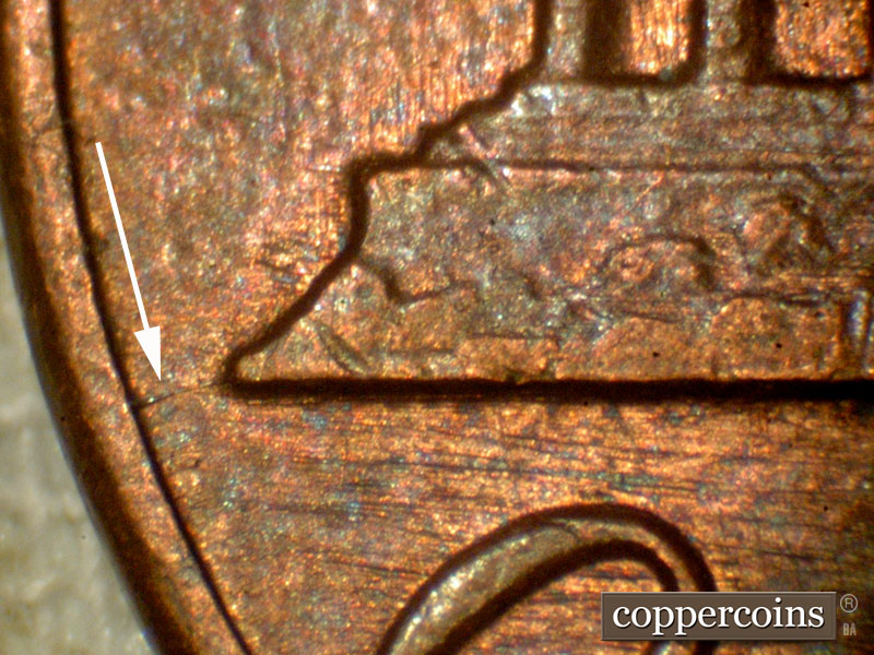 Die-stage B marker on 1983P•1DO•001 (1983 Doubled Die Obverse).