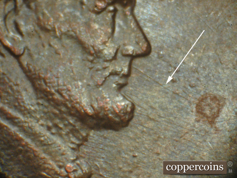 Die-stage A marker on 1983P•1DO•001 (1983 Doubled Die Obverse).