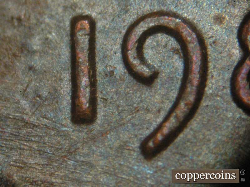 Die-stage A marker on 1983P•1DO•001 (1983 Doubled Die Obverse).