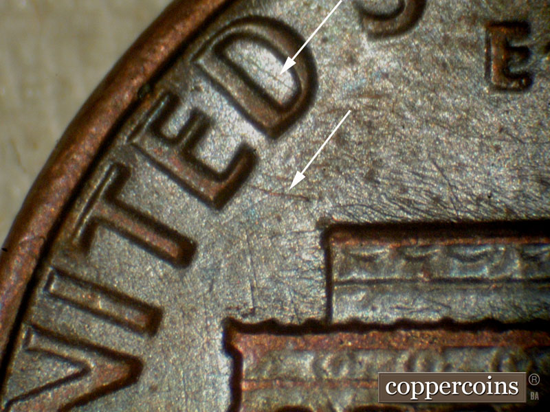 Die-stage A marker on 1983P•1DO•001 (1983 Doubled Die Obverse).