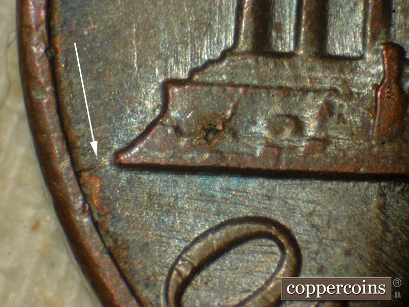 Die-stage A marker on 1983P•1DO•001 (1983 Doubled Die Obverse).