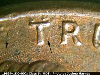 Die-stage B marker on 1983P•1DO•002 (1983 Doubled Die Obverse).