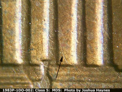 Die-stage B marker on 1983P•1DO•002 (1983 Doubled Die Obverse).