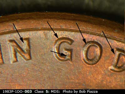 Die-stage B marker on 1983P•1DO•003 (1983 Doubled Die Obverse).