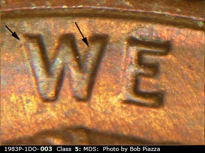 Die-stage B marker on 1983P•1DO•003 (1983 Doubled Die Obverse).