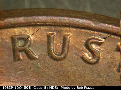 Die-stage B marker on 1983P•1DO•003 (1983 Doubled Die Obverse).