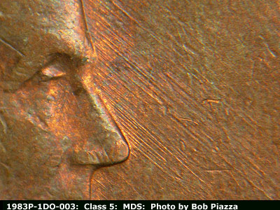 Die-stage B marker on 1983P•1DO•003 (1983 Doubled Die Obverse).