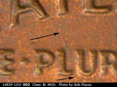 Die-stage B marker on 1983P•1DO•003 (1983 Doubled Die Obverse).