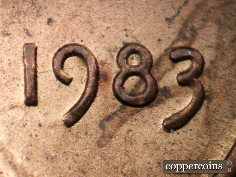 1983 Lincoln cent obverse, CopperCoins die 1983P•1DO•004.