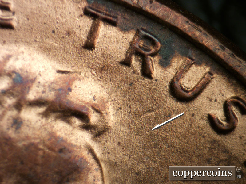 Die-stage B marker on 1983P•1DO•004 (1983 Doubled Die Obverse).
