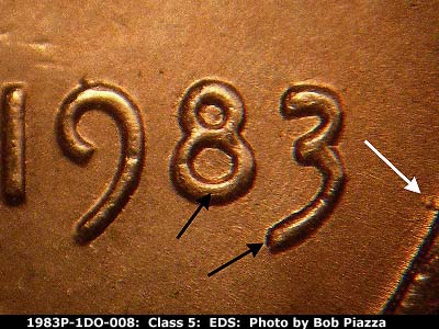 Die-stage A marker on 1983P•1DO•008 (1983 Doubled Die Obverse).