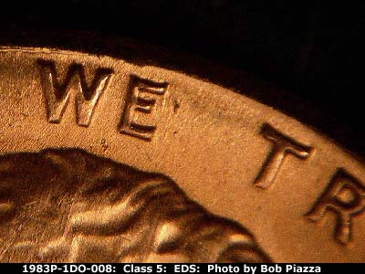 Die-stage A marker on 1983P•1DO•008 (1983 Doubled Die Obverse).