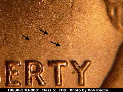 Die-stage A marker on 1983P•1DO•008 (1983 Doubled Die Obverse).