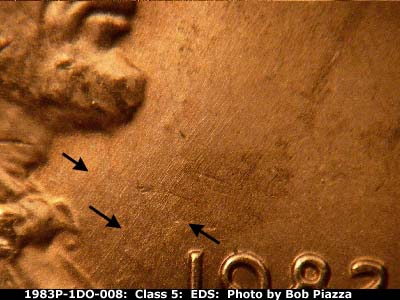 Die-stage A marker on 1983P•1DO•008 (1983 Doubled Die Obverse).