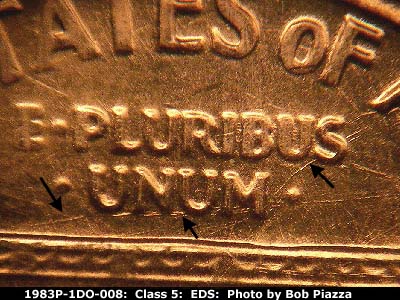 Die-stage A marker on 1983P•1DO•008 (1983 Doubled Die Obverse).
