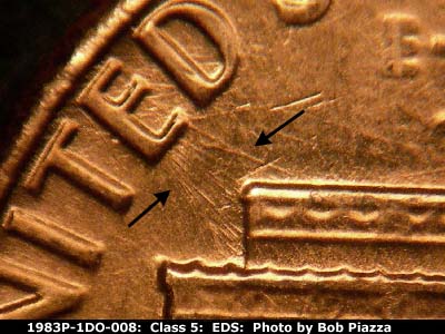 Die-stage A marker on 1983P•1DO•008 (1983 Doubled Die Obverse).