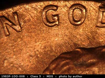 Die-stage B marker on 1983P•1DO•008 (1983 Doubled Die Obverse).