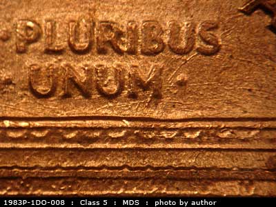Die-stage B marker on 1983P•1DO•008 (1983 Doubled Die Obverse).