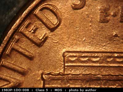 Die-stage B marker on 1983P•1DO•008 (1983 Doubled Die Obverse).